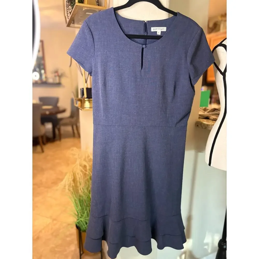 Downeast Women's Fit and Flare Ruffle Hem Blue Short Sleeve Dress M 6-10